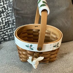 7 inch by 6 inch basket 4 inches deep decorated with holly wood and porcelain